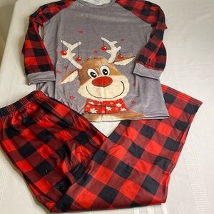 BNIP Childs Kids Christmas Pajamas Set Long Sleeve Pants Reindeer Pants Check